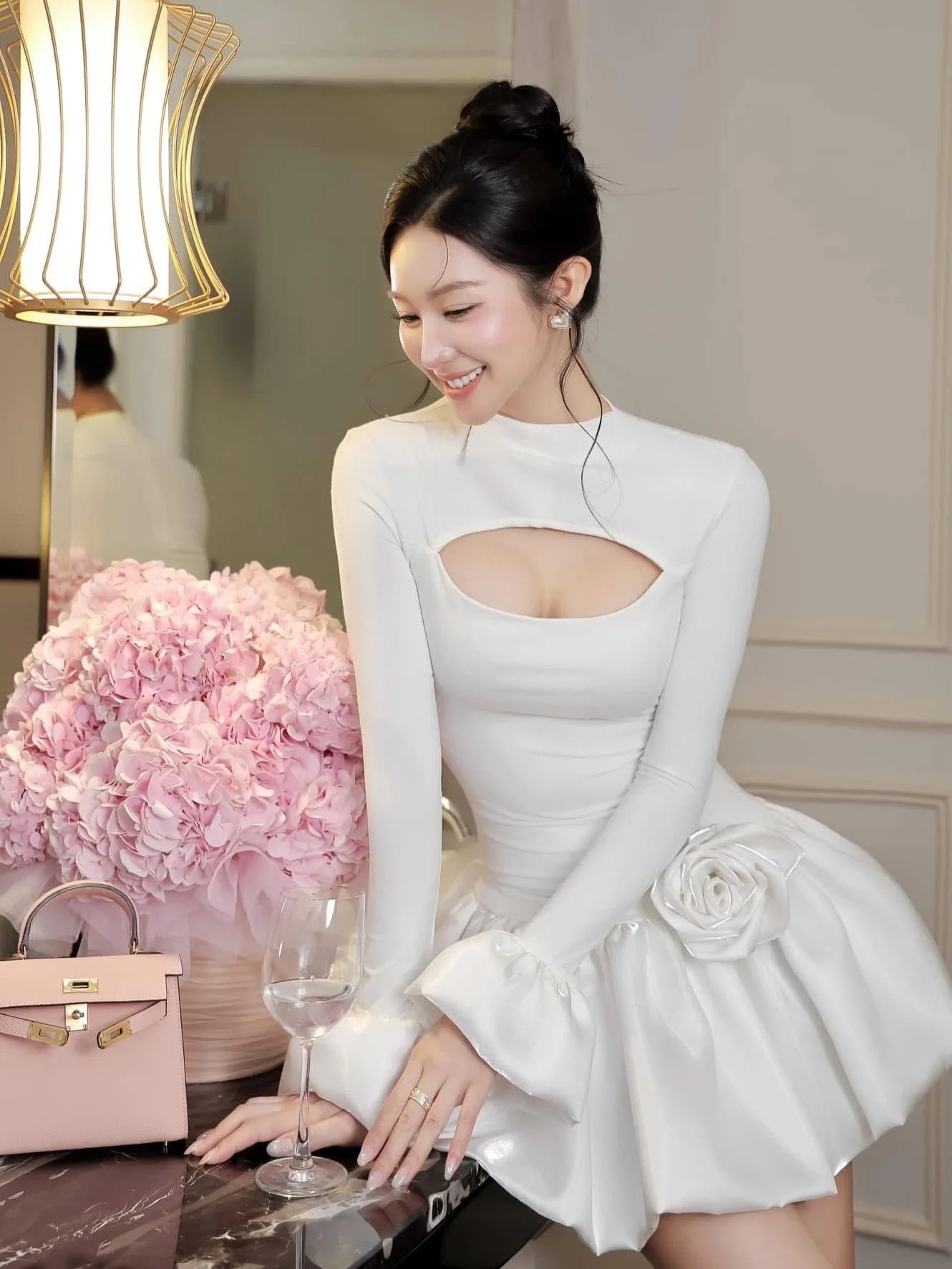 Organza Evening Dress With Ruffle Sleeves And Rose Applique — White | KIMLUD