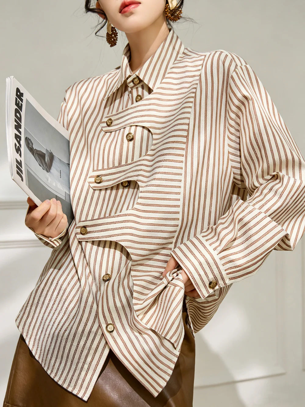 Lapel Blouse Cotton Blend — Brown Striped | KIMLUD
