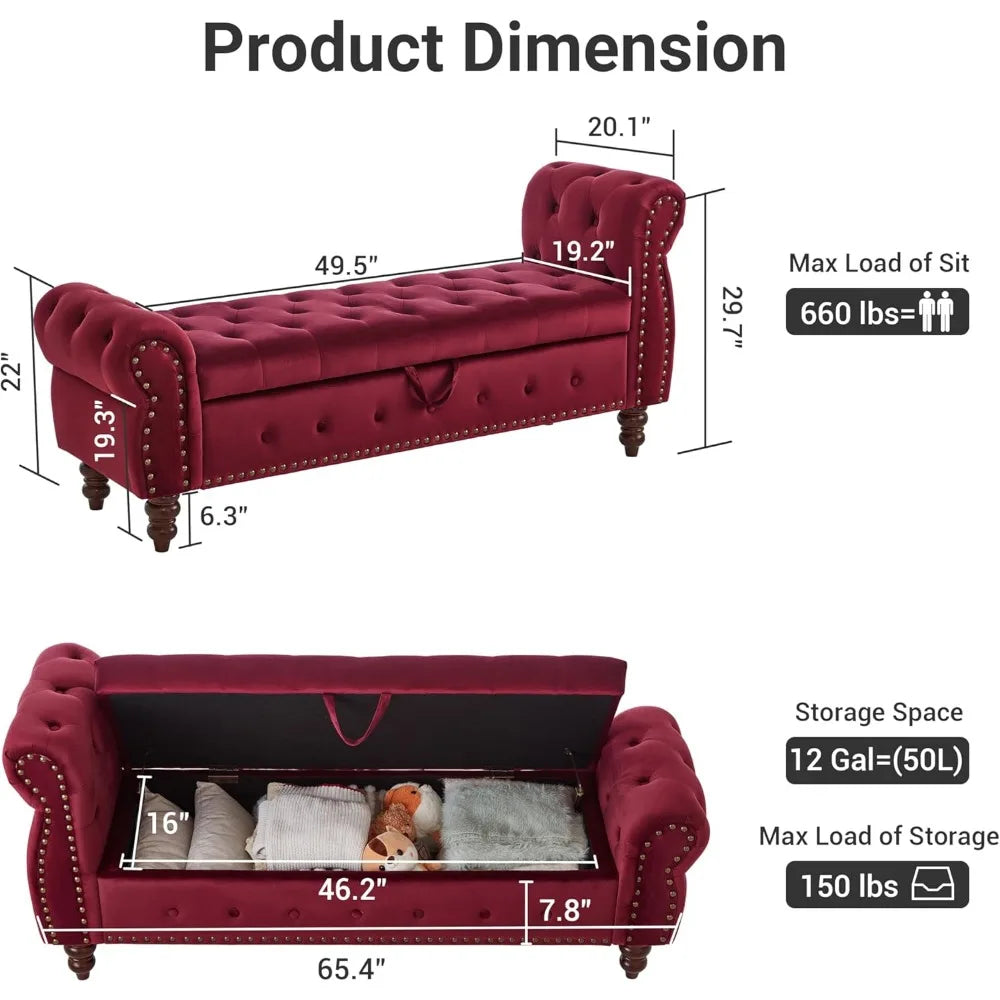 Velvet Storage Bench, End of Bed Storage Bench with Rolled Armrest, Entryway Ottoman with Nailhead Trim and Button Tufting, Stor