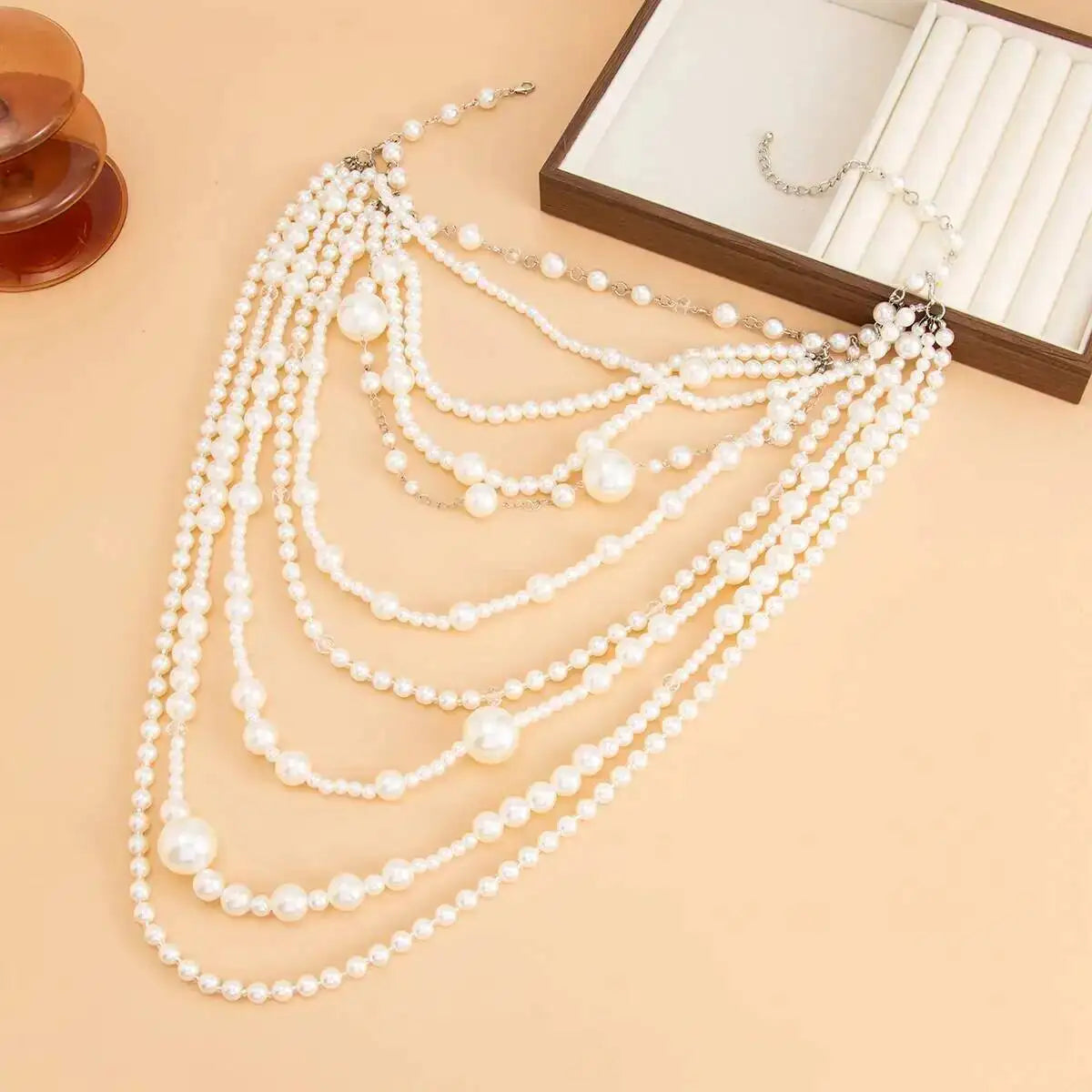 Exaggerated Layered Necklace Imitation Pearl Long Tassel — White | KIMLUD