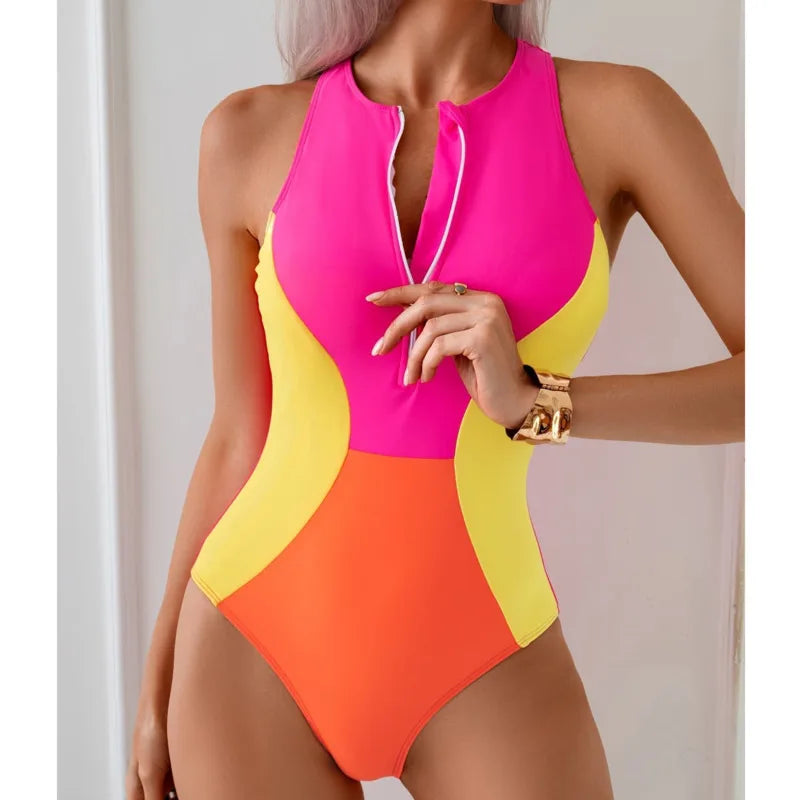 Color-Block One Piece Swimsuit Patchwork — Multicolor | KIMLUD