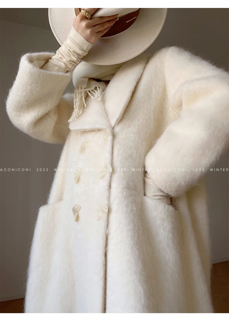 Coat – Double Breasted Long – Wool Blends – White | KIMLUD