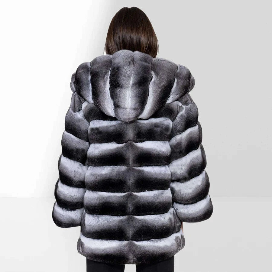 KIMLUD, Women's Winter Jacket Real Rex Rabbit Fur Jacket With Hood Chinchilla Color Fur Coat High Quality Genuine Leather Jackets, KIMLUD Womens Clothes