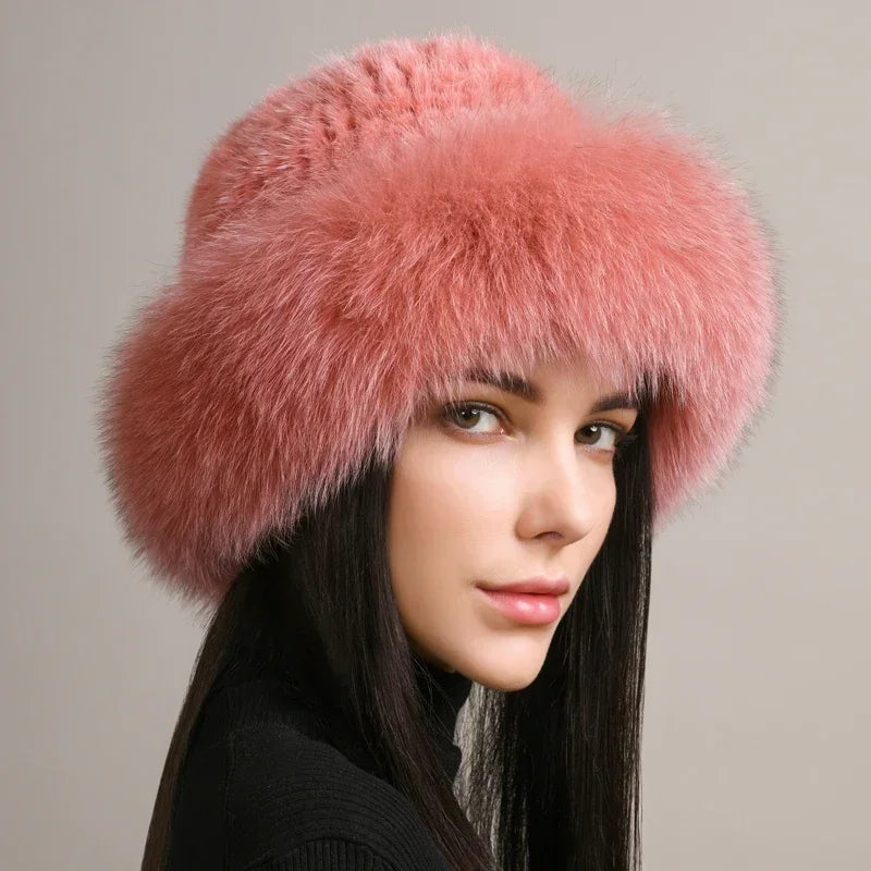 New Genuine Real Natural Knitted Mink Fur Hat Cap Luxury Women Handmade Knit Fashion Winter Headwear Warm Real Fox Fur Beanies