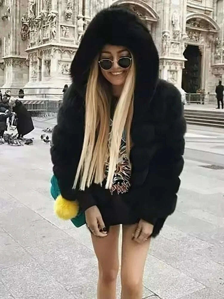 KIMLUD, DEAT Fashion Imitation Fox Fur Grass Jacket Women's Hooded Loose Long Sleeves Patchwork Plush Thick Coat Winter New 7A975, KIMLUD Womens Clothes