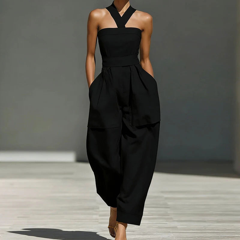 Hollow Patchwork Chic Halter Jumpsuit — Black | KIMLUD