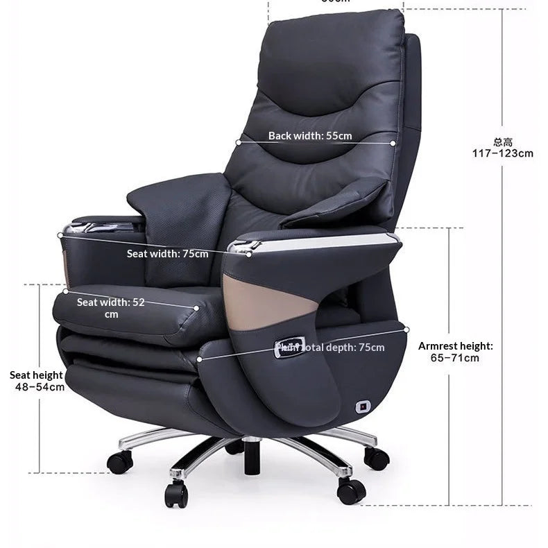 Black massage chair with dimensions labeled on a white background