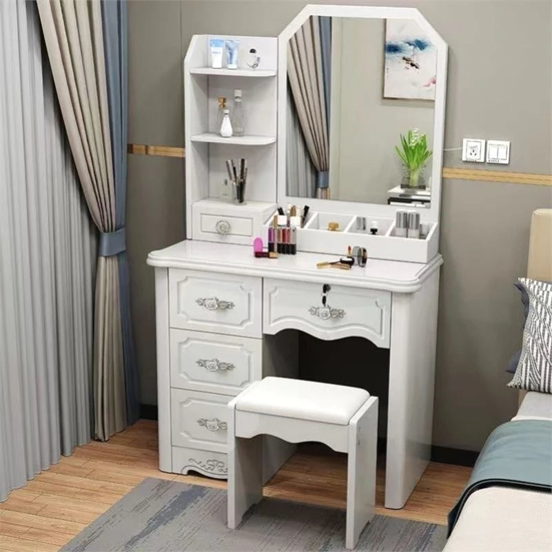 Satin Minimalist Vanity Table With Storage — White | KIMLUD
