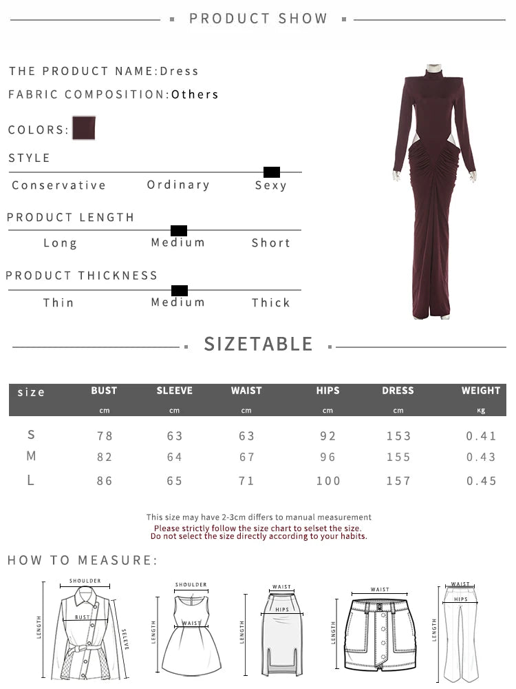 SiSterlinda Ruched Waistless Maxi Dress Women Sexy Shoulder Padded Patchwork Turtleneck Elegant Stretch Skinny Evening Bodycon