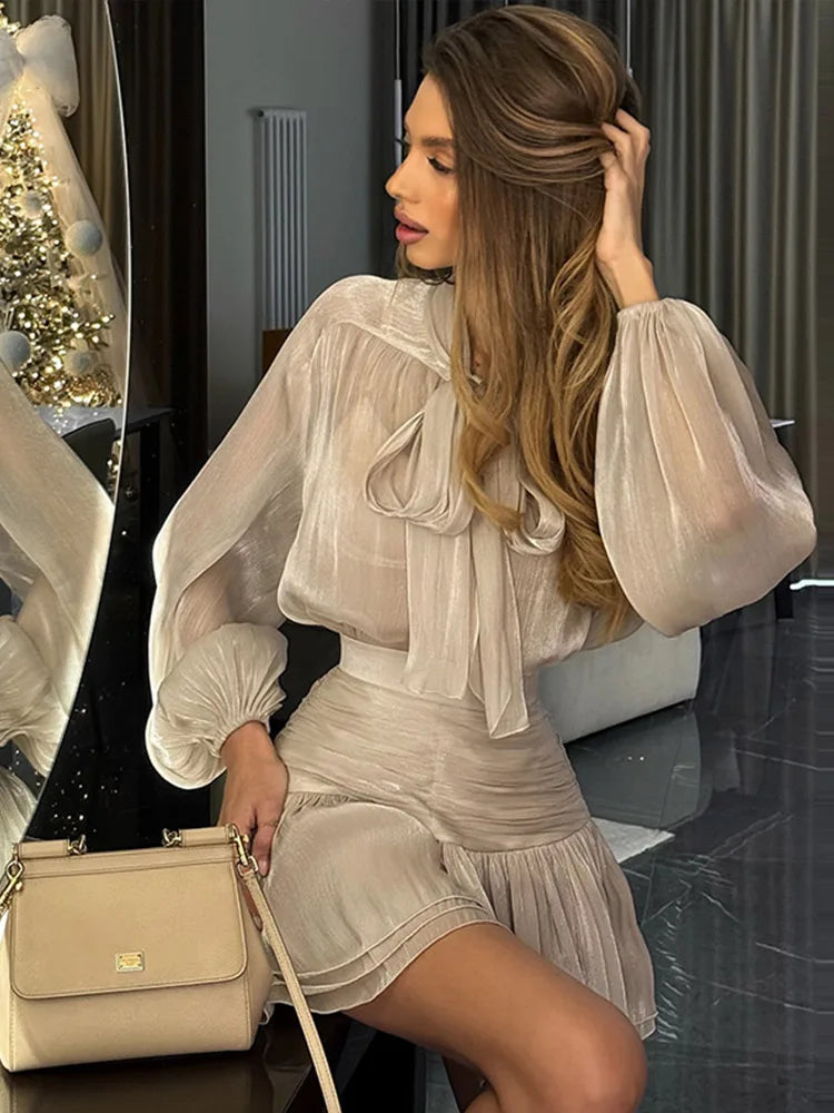 Bow Lace Up Top Pleated Short Skirt Two Piece Sets Casual Fashion Shirt Glitter Blouse High Waist Half Skirts Women's Clothing