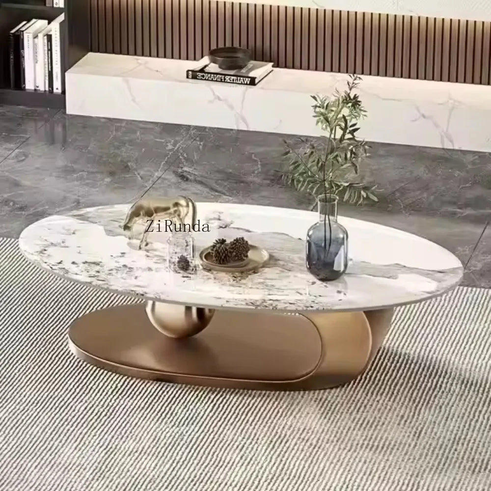 Gold Oval Coffee Table Sintered Stone Marble Top — Gold-Tone | KIMLUD