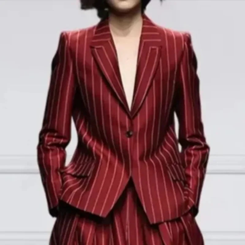 Two-Piece Striped Blazer and Wide-Leg Pant Suit – Blended | KIMLUD