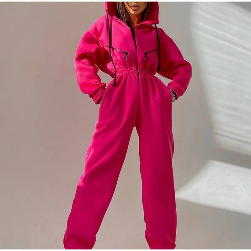 Long Sleeve Sports Casual Women's Hooded Overall Pants Jumpsuits Solid Color Jumpsuit Women One-Piece Suit