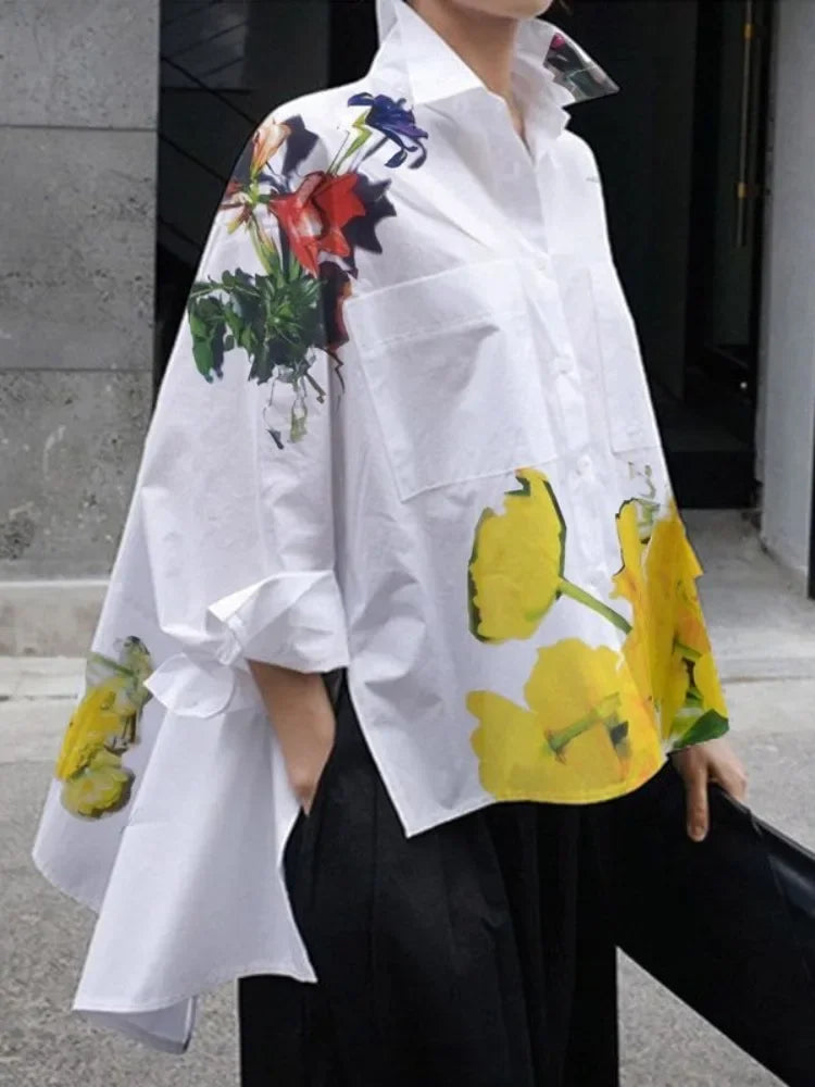 Polyester Spandex Blouse Floral Print With Pockets — White | KIMLUD