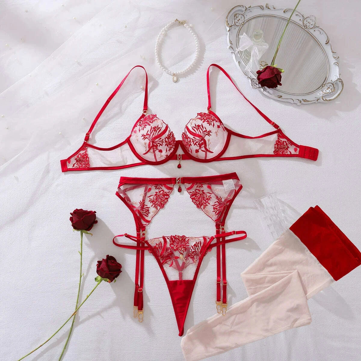 KIMLUD, Ellolace Christmas Lingeries Sexy Hot Tempted Jewel Bra Belt Thong 3PC with Stockings Valentine Honey See Through Intimate Set, KIMLUD Womens Clothes