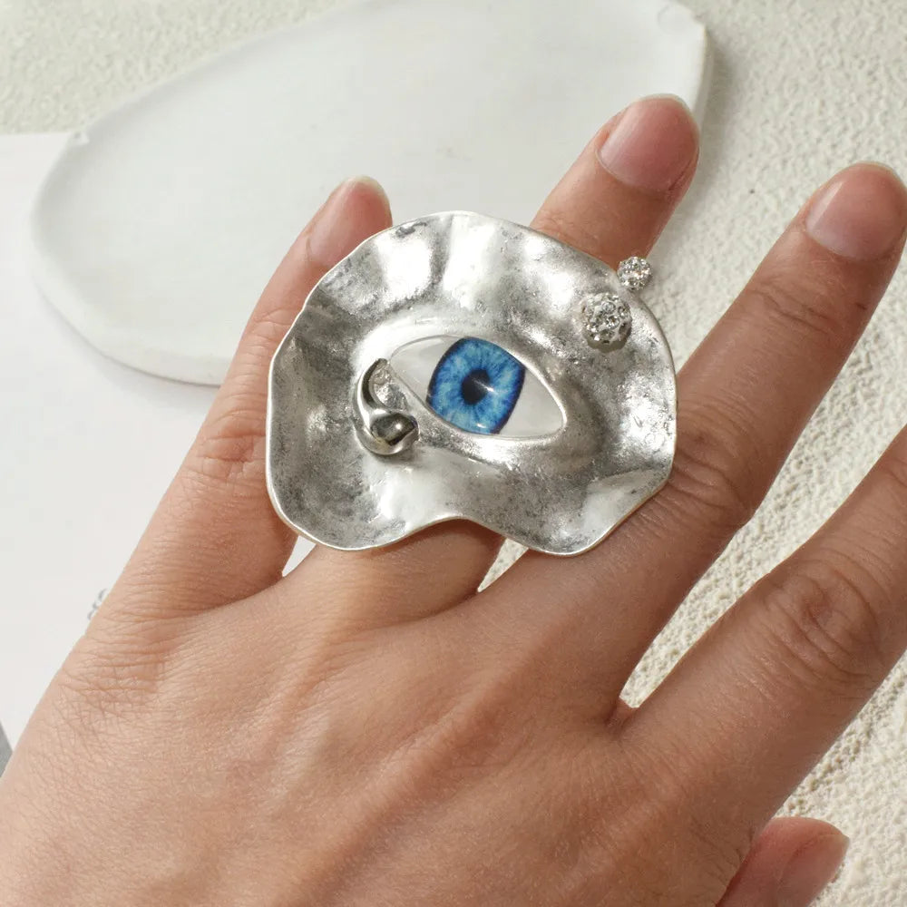 New Exaggerated Baroque Style Metal Plated Blue Eyes Open Ring For Women Fashion Jewelry Accessories