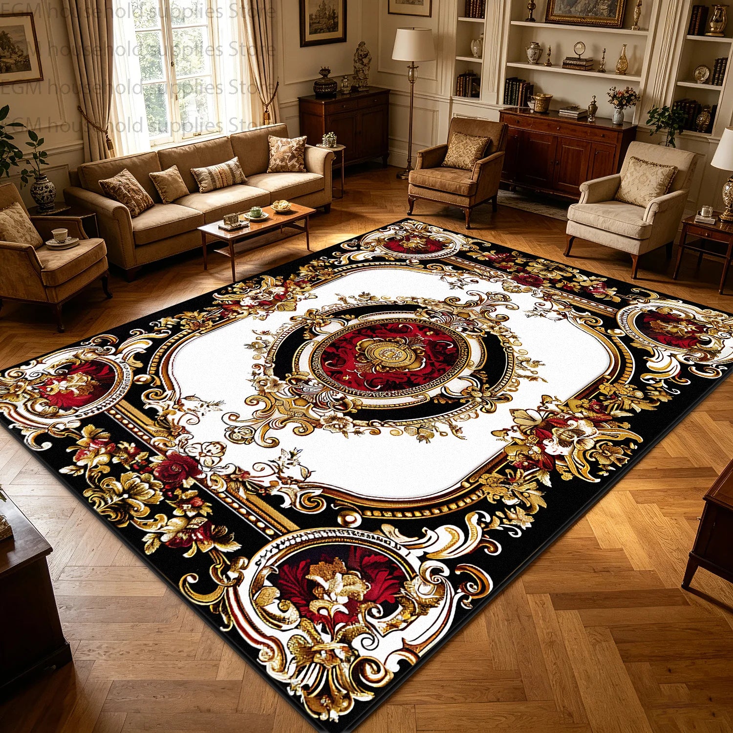 Kilim Polyester Floral Area Rug — Red Gold | KIMLUD