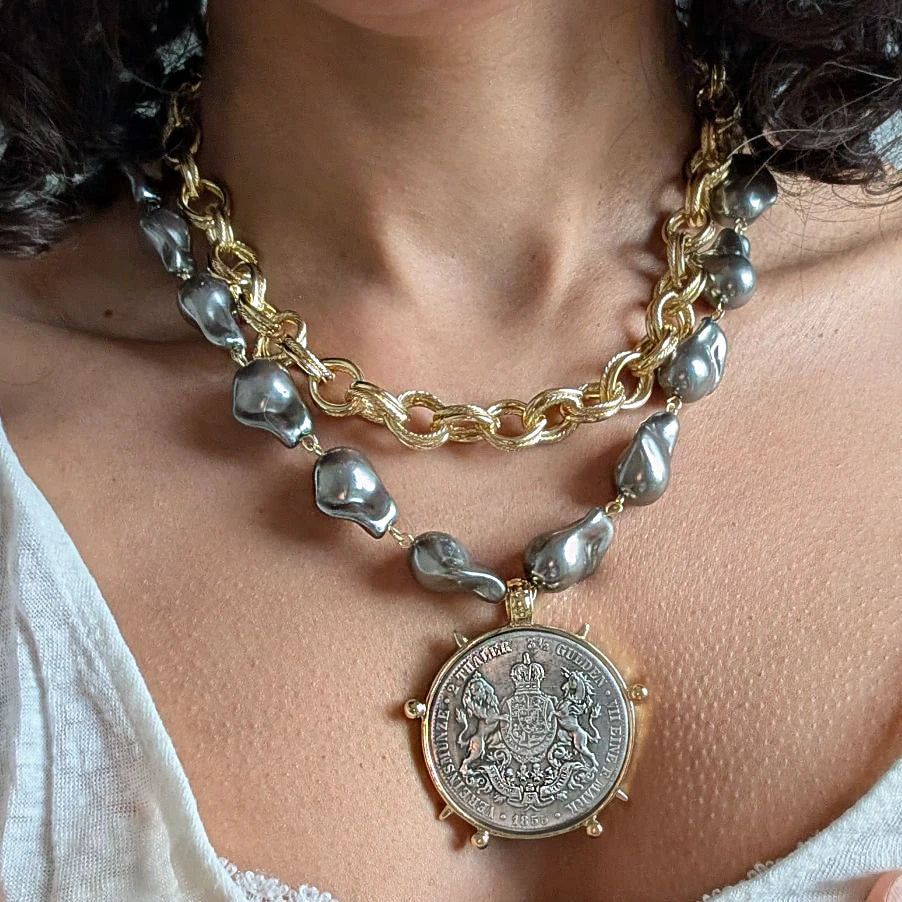Copper Large Coin Pendant Necklace — Grey | KIMLUD