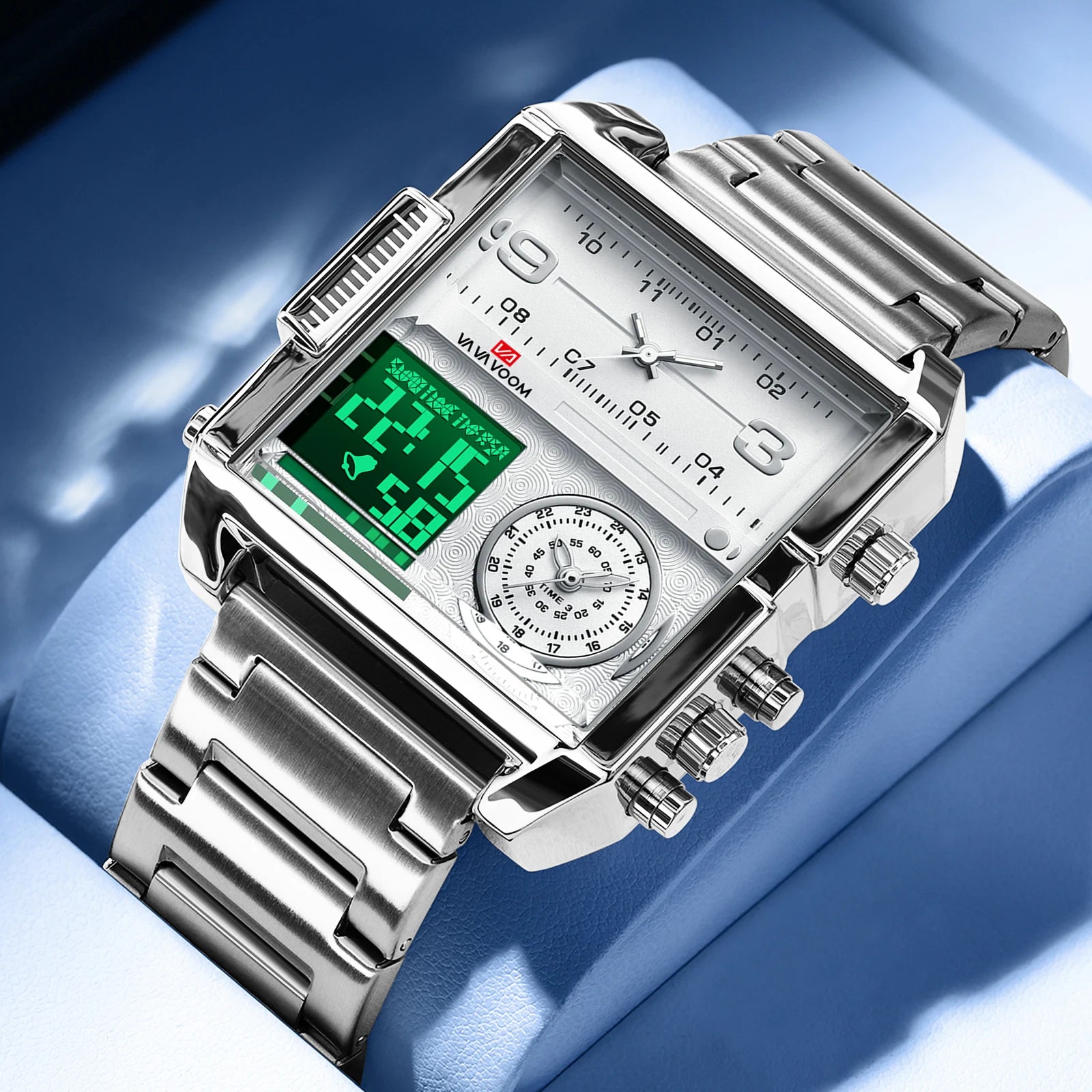 2025 New Men LED Watch Fashion Square Creative Quartz Movement Black Stainless Steel Waterproof Timing Electronic Watch for Men