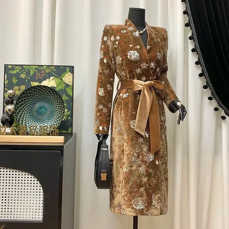 BESTBAFU Luxury Sequin Party Jacket Women Chinese Style Retro Embroidered Velvet Coat Winter v-Neck Belt Long Outerwears 261F