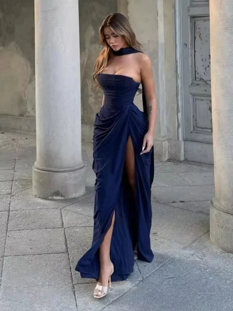 Dresses – Strapless Backless Lace-Up Ruched – Polyester | KIMLUD
