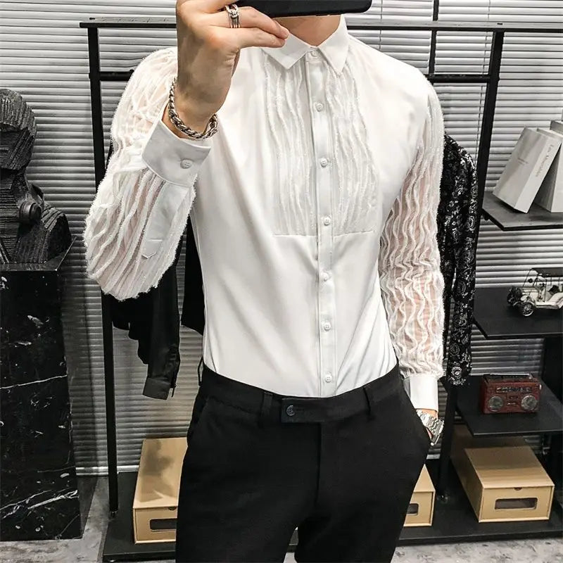 Cotton-Poly Harajuku Patchwork Shirt Long Sleeve Lace — Black | KIMLUD
