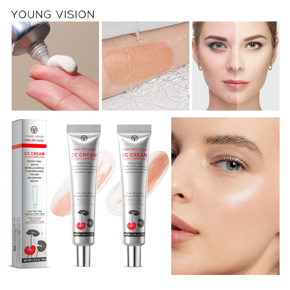 YOUNG VISION 2 Color Brightening CC Cream with Drop Puff for easy use as a makeup base and barrier cream.