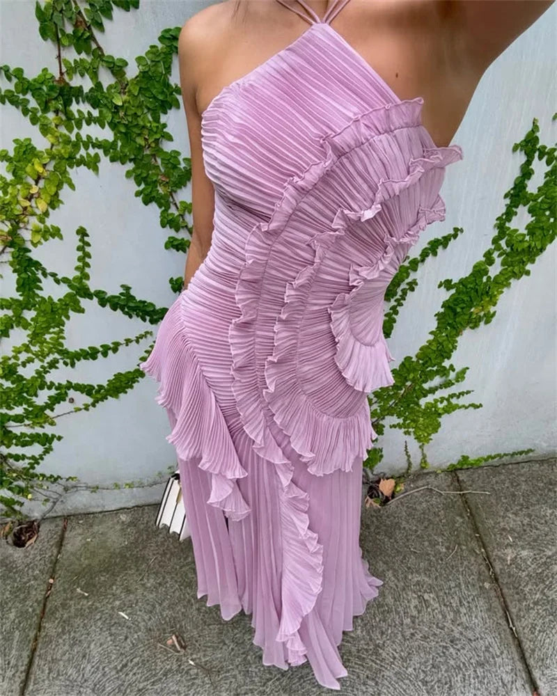 Mozision Elegant Off-shoulder Ruffle Sexy Maxi Dress Women Fashion Halter Sleeveless Backless Draped Pleated Club Party Dress
