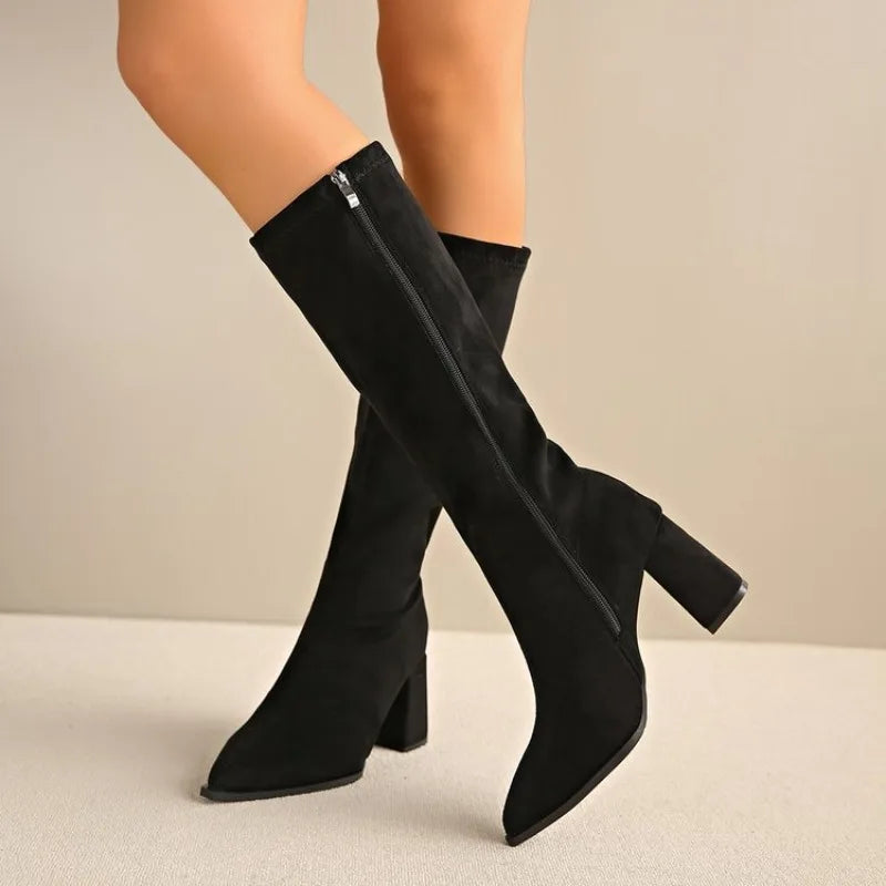 Suede Solid Knee-High Block Heel Boots — Brown | KIMLUD