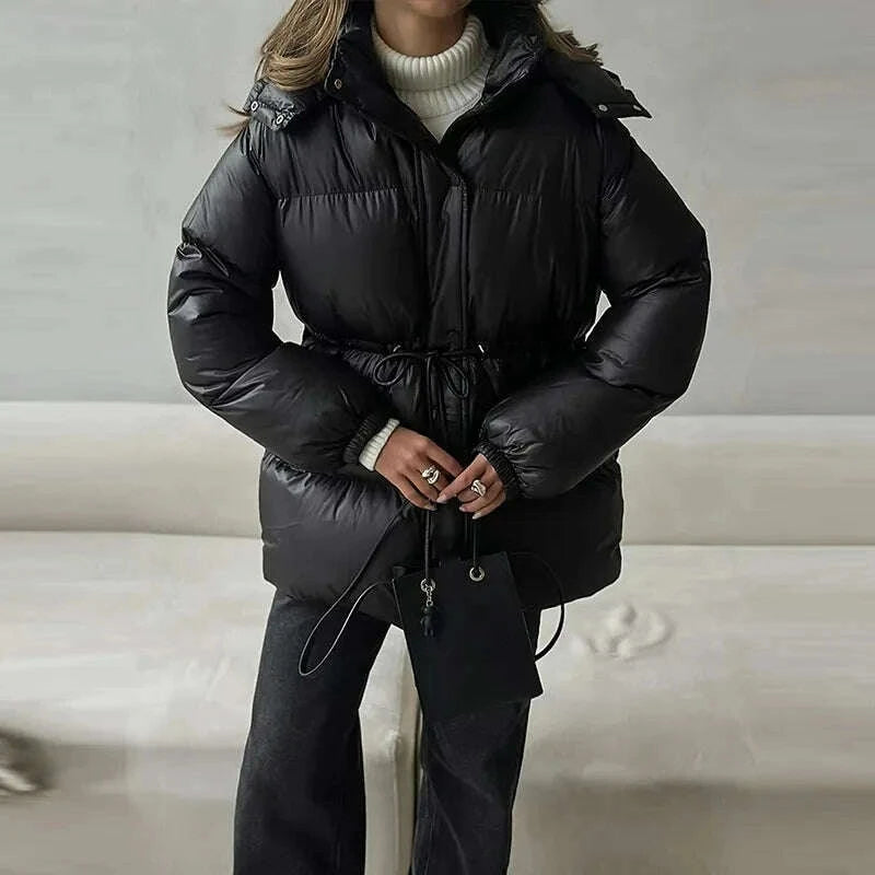 KIMLUD, Women Solid Thicken Cotton Jackets Casual Stand Collar Zipper Long Sleeves Lace Up Detachable Hat Coat Winter Lady Warm Outwear, KIMLUD Womens Clothes