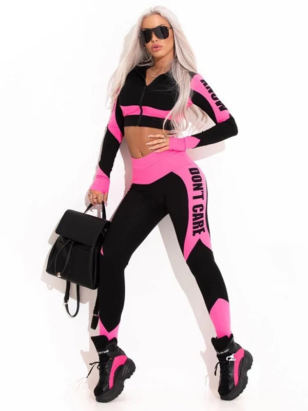 Oshoplive Female Long Sleeves Zipper Tees&leggings Sports Suits 2023 Spring Autumn Letter Print Yoga Two Pieces Set For Women