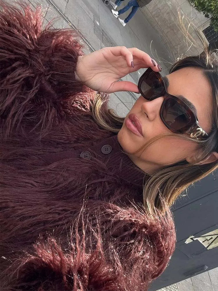 Faux Fur Knitted Short Coats Autumn And Winter Women Fashion O-Neck Jackets 2025 Elegant Office Ladies Casual Outerwear 