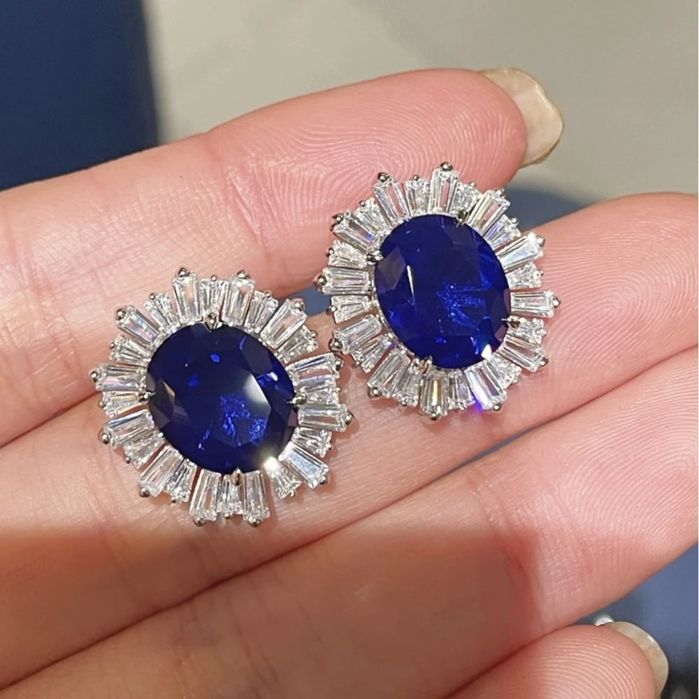 Sterling Silver Stud Earrings Oval Cut Sapphire Diamond — Blue | KIMLUD