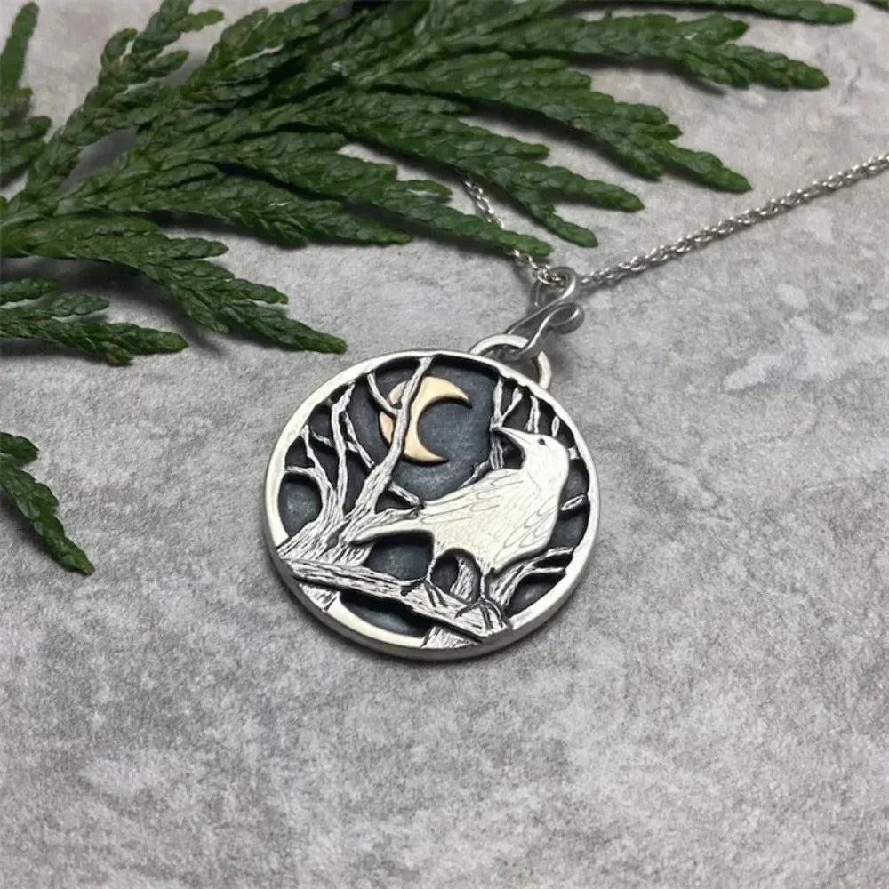 Moon Forest Branch Necklace – Crow Design – Zinc Alloy | KIMLUD