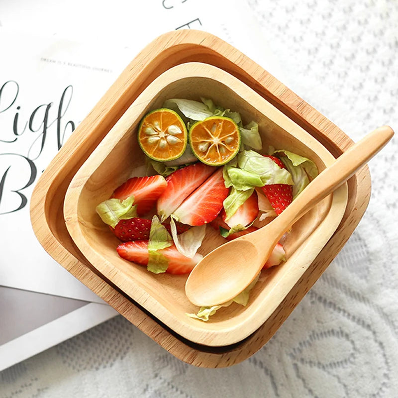 1Pc Square Wood Bowl 4 Size Fruit Salad Bowl Large Small Wooden Plate Snack Dessert Serving Dishes Food Container Wood Tableware