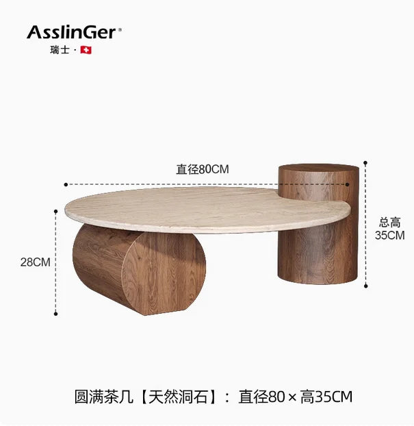 Nordic Minimalist Travertine Side Table Round Top With Solid Wood Pedestal — Beige | KIMLUD