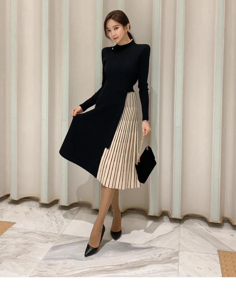 H Han Queen New Winter Elastic Knitted Dresses Women Color matching Lace-up Sweater Dress Fashion Slim Work Office Vestidos