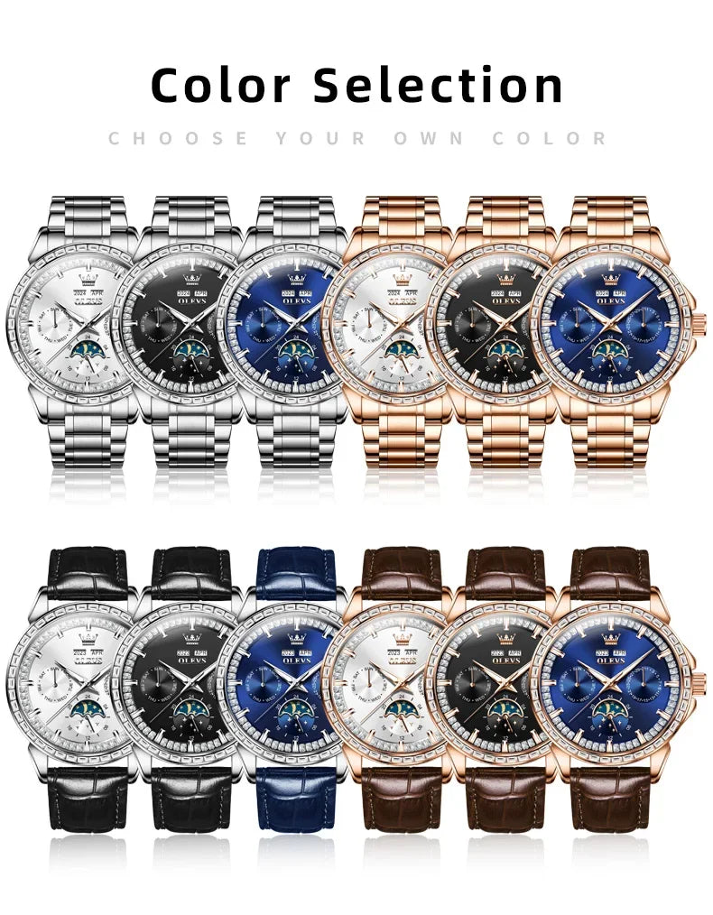 OLEVS 6695 NEW Men's Watches Full Multifunctional Dial Blue Leather Strap Calendar Week Moon Phase Waterproof Wristwatch