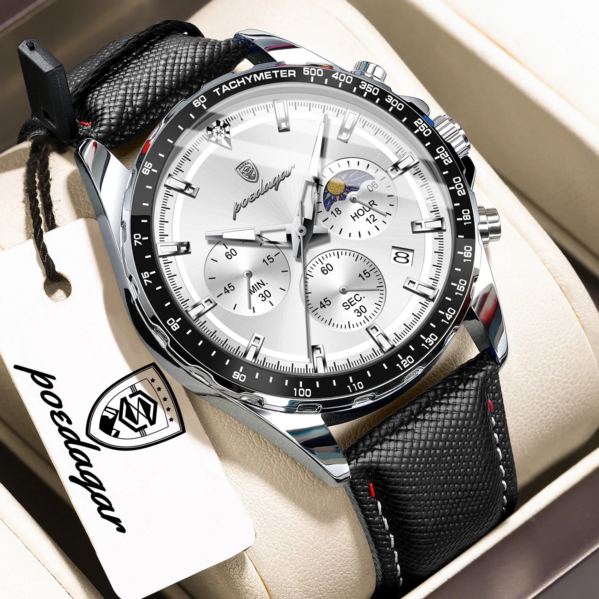 Leather Watch Chronograph Luminous Hands Date Waterproof 3ATM Sport Casual — Silver | KIMLUD