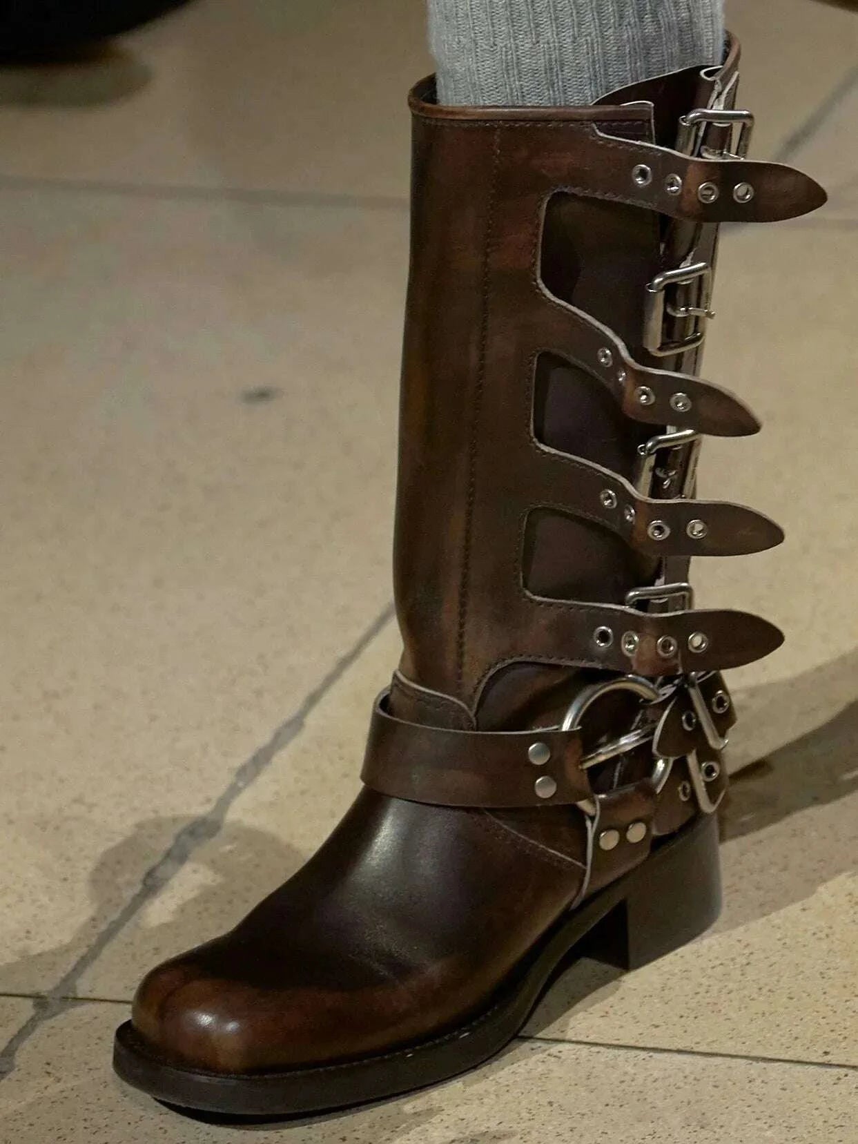 KIMLUD, 2025 Genuine Leather Platform Rivet Motorcycle boots Round toe Belt buckle Block heel mid wide calf Western boots, KIMLUD Womens Clothes