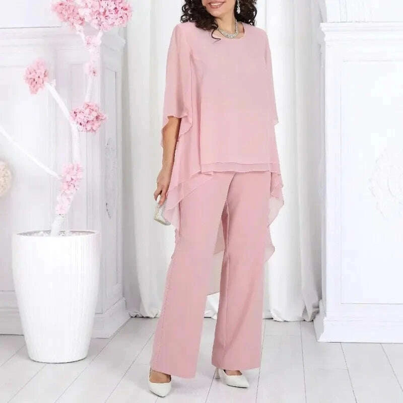 KIMLUD, Elegant 2 Pieces Sets Woman's Chiffon Solid Mid-Sleeve Layered ruffled edges Long Top & Straight-leg Trousers Pants Sets Outfits, KIMLUD Womens Clothes