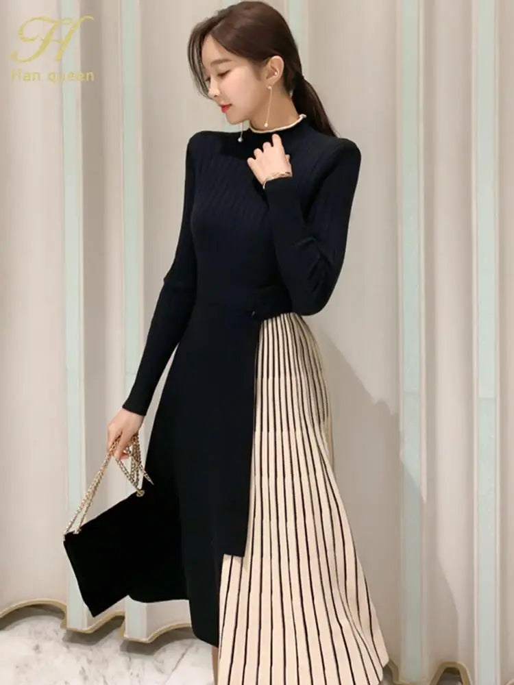 H Han Queen New Winter Elastic Knitted Dresses Women Color matching Lace-up Sweater Dress Fashion Slim Work Office Vestidos