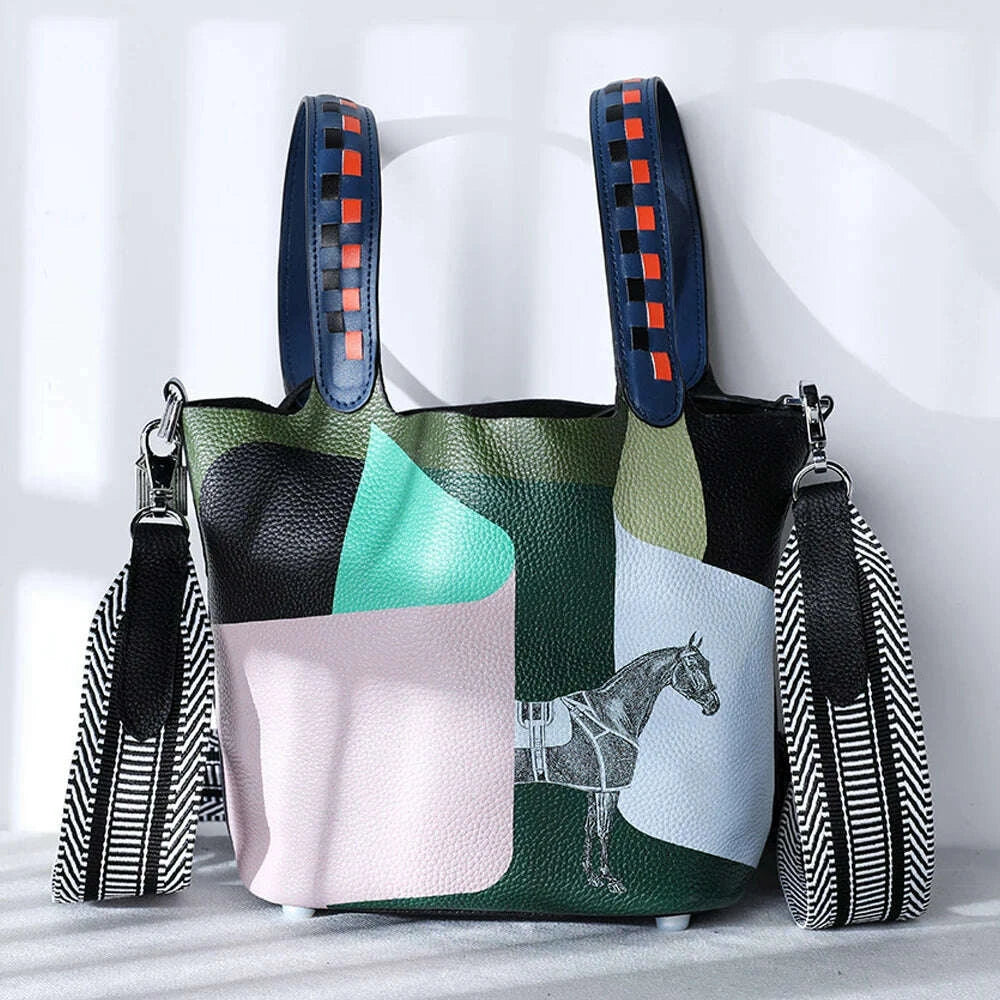 KIMLUD, Various Genuine Leather Luxury Bag Fashion Women's Handbag Vegetable Basket Style Portable Women Bucket Bag with Lock, KIMLUD Womens Clothes