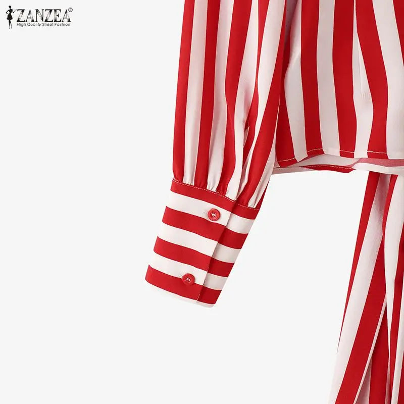 ZANZEA Women Stylish Tie Waist Striped Blouses 2025 Autumn Fashion Long Sleeve Cutout Turtleneck Tops Woman Clothing Streetwear