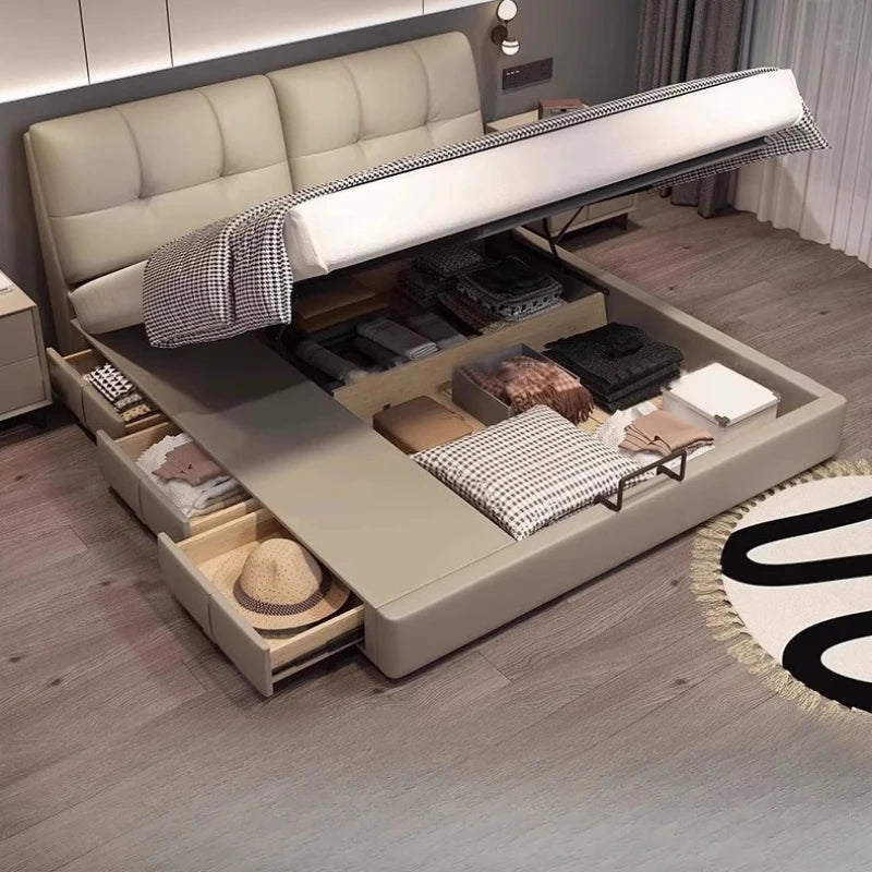 Minimalist Leather Storage Double Bed Modern Frame — Dove Gray | KIMLUD