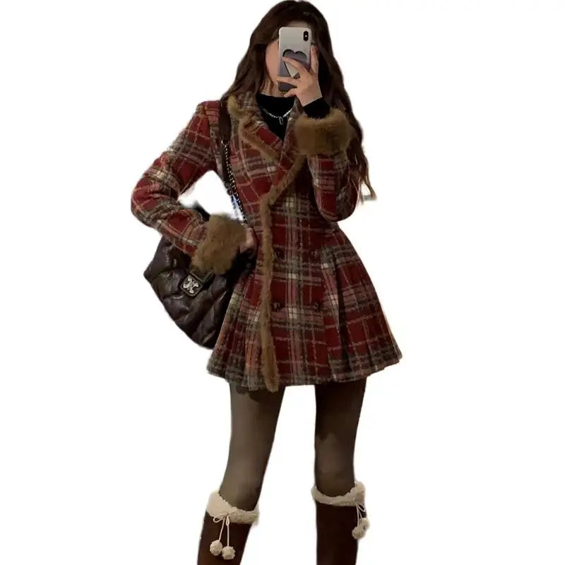 Coat – Double Breasted Plaid – Long Silhouette – Women | KIMLUD