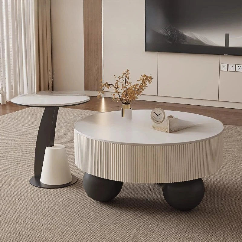 Minimalist Round Coffee Table With Storage Drawers — Ivory White | KIMLUD