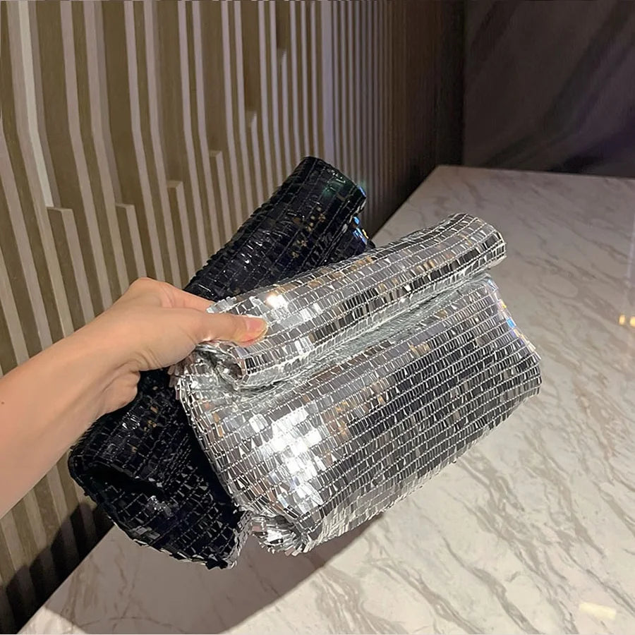Sequin Embellished Envelope Clutch Bag — Black | KIMLUD