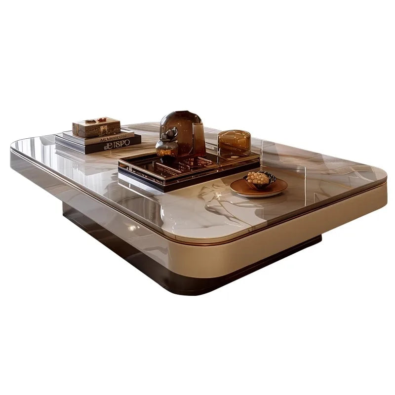 Metal Minimalist Coffee Table Low-Profile Rectangular With Concealed Storage — Marble White | KIMLUD