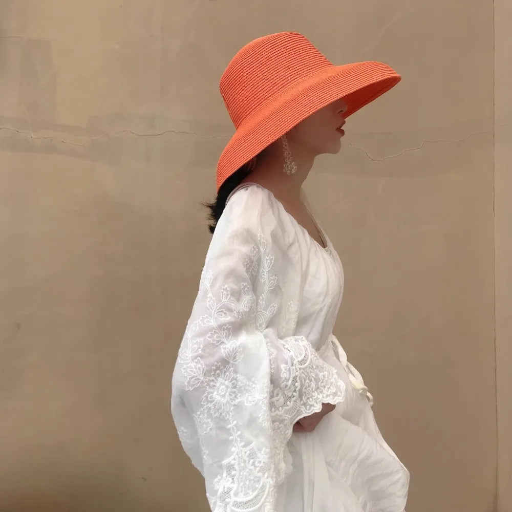 Straw Sun Hat Hepburn Foldable — Rose Red | KIMLUD